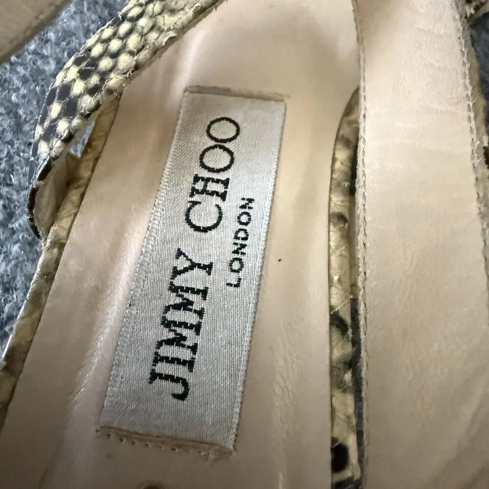 Jimmy Choo Connor Tan Snake Print Ankle Strap Low Wedge Sandals EU 37.5 US 7.5